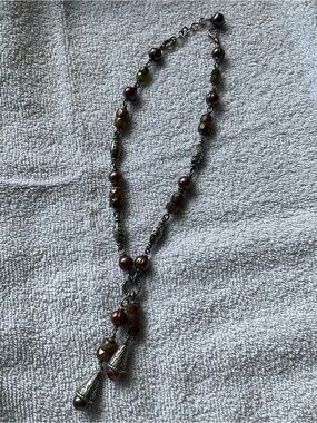 Beaded Brown and Deep Rose Tassel Necklace -